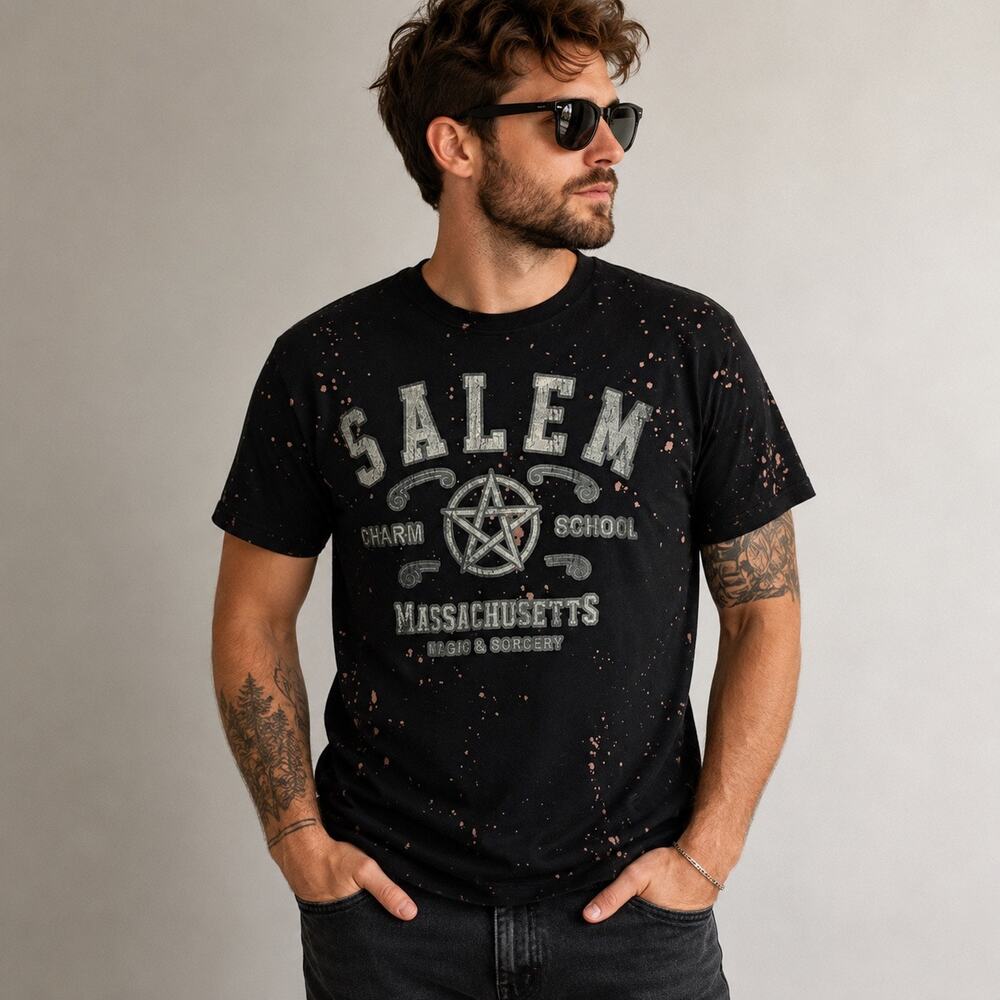 Social Culture Salem Charm School Graphic T Shirt Bleach Splatter Black Medium